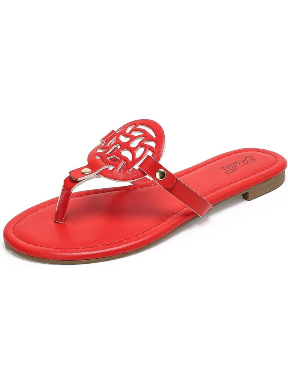 🆕Women's Red Flat Sandals Dressy Flip Flops Hollow Cutout Medallion Thong